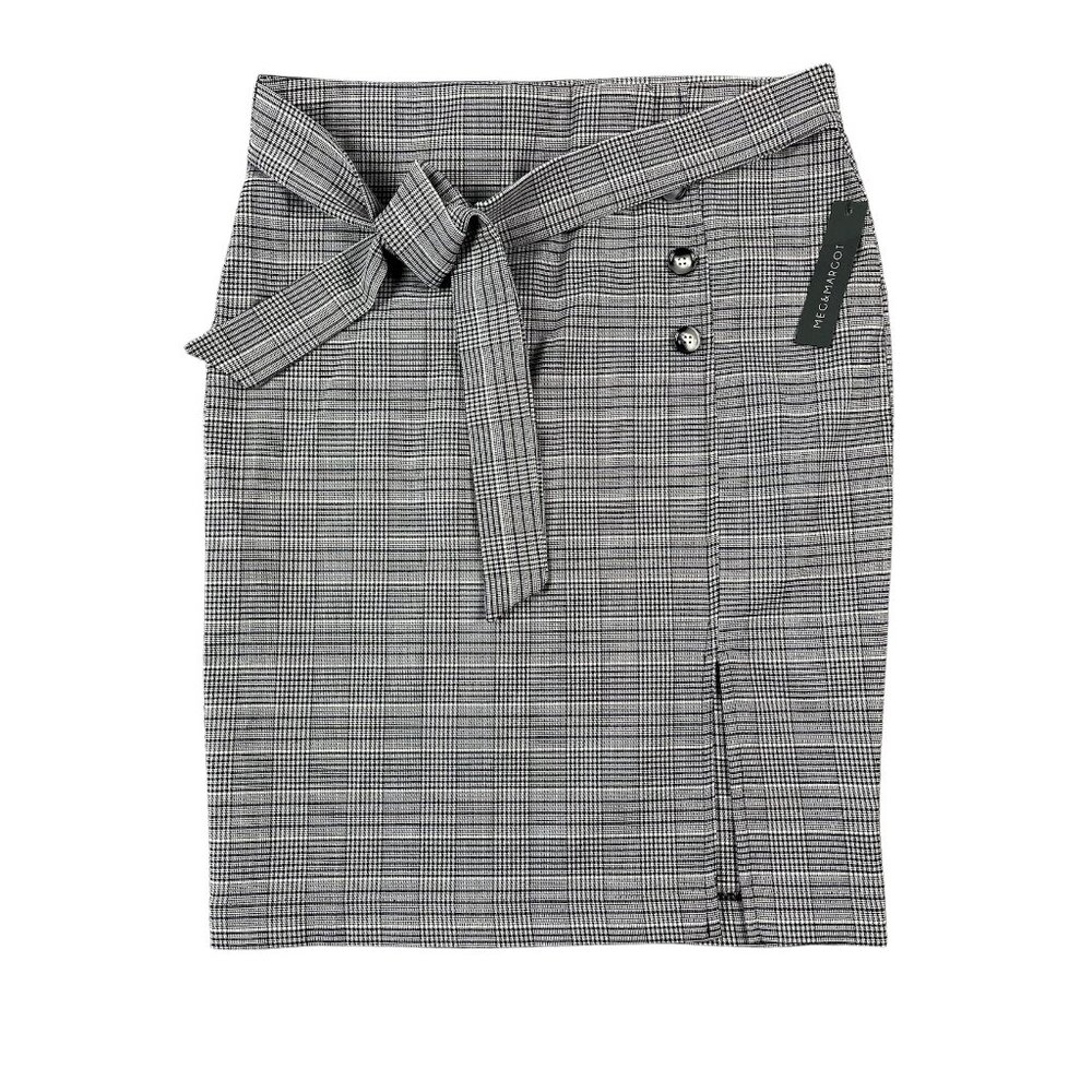 MEG & MARGOT NEW Women's Plaid Gray Skirt Elastic Waist Front Side Slit Size L.